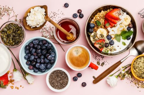 Healthy breakfast set with coffee and granola